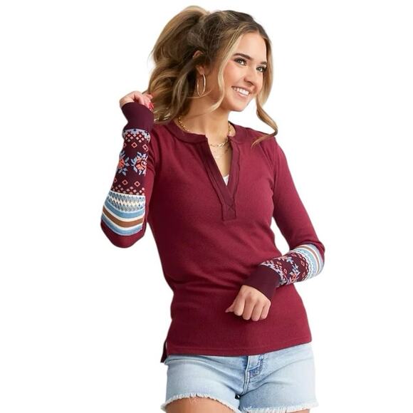 We the Free Size M Mikah Notch Neck Top Thermal Knit Wine Combo Long Sleeves - Picture 1 of 6